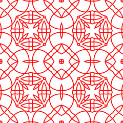 Seamless surface pattern with crossing figures. Symmetric abstract background. Circular ornament wallpaper. Lacy openwork motif. For digital paper, page fills, web design. Vector art illustration