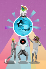 Magazine collage of youngster company with beasts face dance under glitter disco ball isolated...
