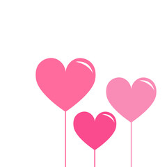 Three sticks with hearts. Pink pastel color heart set. Happy Valentines Day. Love greeting card template. Flat design. White background. Isolated.