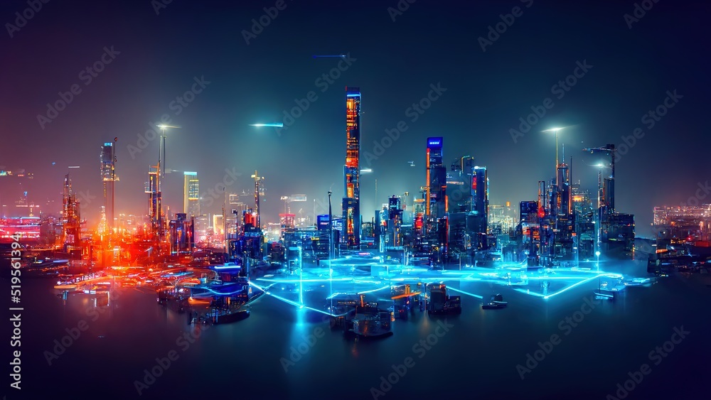 Aufkleber a futuristic night city with a connection of dots and lines. the concept of the internet of things, 