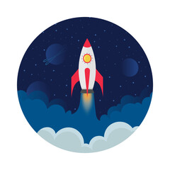 Red and White Rocketship Launching in Outerspace and Smoke Coming Out of It with a Circular Background Stars and Planets