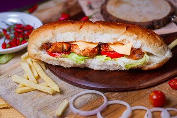 chicken tikka roll , tomato sauce and drink top view of arabic street food on wooden background