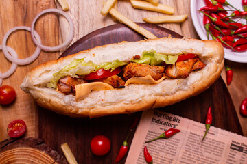chicken tikka roll , tomato sauce and drink top view of arabic street food on wooden background