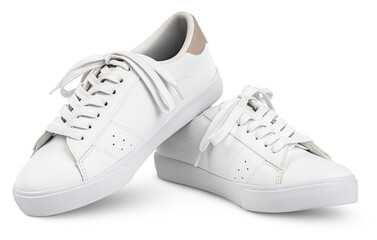 White leather sneakers with shoelaces bows isolated on white background with clipping path. Full...