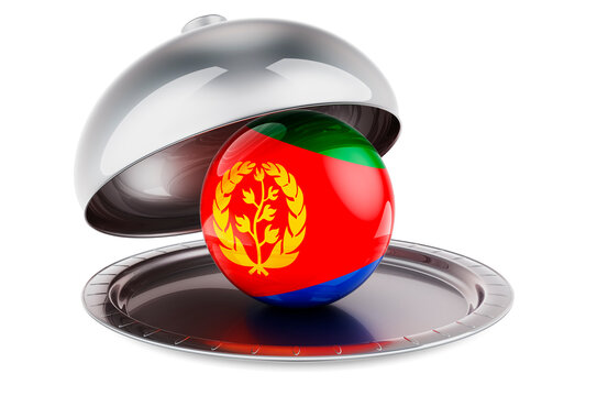 Restaurant cloche with Eritrean flag. 3D rendering