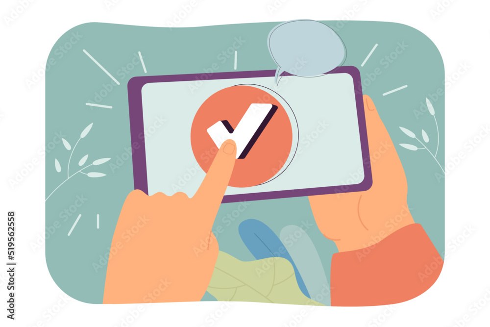 Poster hands holding smartphone with check mark and speech bubble. finger touching tick symbol on phone scr