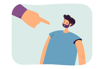 Finger pointing at confused cartoon man. Employer or boss scolding worker flat vector illustration. Conflict, problem, stress from work concept for banner, website design or landing web page