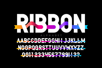 Modern font design with ribbon, alphabet letters and numbers vector illustration