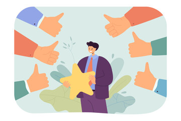 Fototapeta na wymiar Popular worker holding star and colleagues giving thumbs up. Hands of people, successful employee flat vector illustration. Reputation or popularity, success concept for banner or landing web page