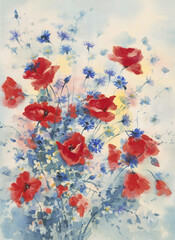 Red poppies and cornflowers in a bouquet watercolor background - 519563599