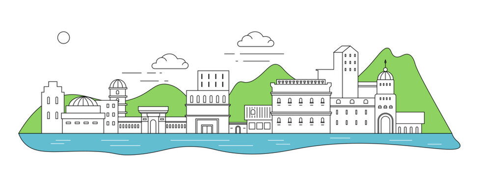 cityscape line art with green hills clip art preview