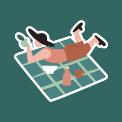 A man lies on a blanket during a picnic and eats an apple. Mugs, a bottle and a basket for food. Hiking, camping, tourism, travel, lifestyle, outdoor recreation. Illustration or sticker in vector dood