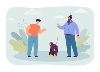Angry man looking at monkey on leash. Male character keeping wild animal as pet flat vector illustration. Exotic pets, animal cruelty, contact zoo concept for banner, website design or landing page