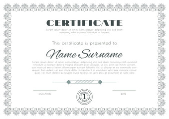 Certificate with ornamental thin frame . White Design blank with dark ornamental frame. Business modern design. Vector illustration