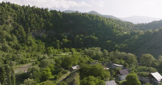 Daba Small Town Houses With Panorama Of Green Forest In The Mountain. - aerial
