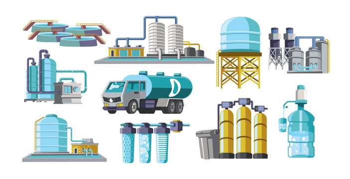 Stages of water purification process cartoon illustration set. Water filters, tank, liquid treatment plants, industrial wastewater separator. Filtration, technology, industry concept