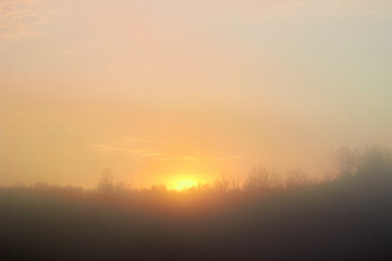Fototapeta na wymiar Beautiful sunrise over rural landscape with cold misty trees and orange skies