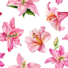Flower seamless pattern. Hand drawn lily, watercolor flora illustration
