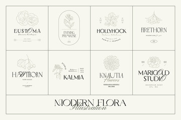 Vintage Flowers Vector Signs or Logo Templates. Retro Floral Illustration with Classy Typography. Feminine Logo. Modern Logo Template for florist, photographer, fashion blogger, design studio.