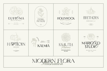 Vintage Flowers Vector Signs or Logo Templates. Retro Floral Illustration with Classy Typography. Feminine Logo. Modern Logo Template for florist, photographer, fashion blogger, design studio.