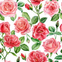 Flower seamless pattern. Roses, pink flora illustration