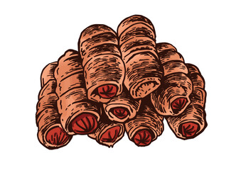Vector cartoon sausages in dough on white isolated, fast food element. Bakery product