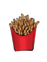 Graphical color french fries in red package on white background , vector cartoon illustration of junk food