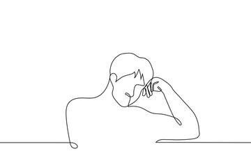 man sitting resting his head on his hand - one line drawing vector. concept discouragement, fatigue, reflection, apathy, depression