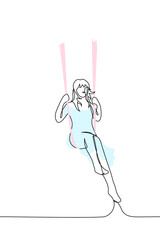 woman in a blue vintage dress with flowing hair sits on a swing - one line drawing vector. concept romantic image of a fairy