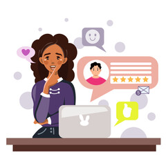 Feedback. An African-American woman is sitting at her laptop
