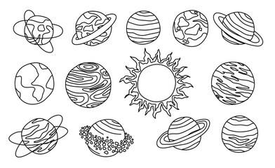 set of  fantasy planets in outline style on a white background.