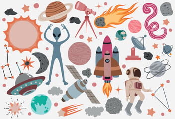 Space universe colored isolated icon set elements of outer space on white background. © andin