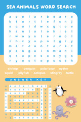 Sea Animals Word Search worksheet. Educational worksheet for preschool. Vector illustration file.