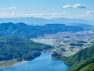 Fototapeta premium 春（5月下旬）の木崎湖と大町市の市街地 長野県