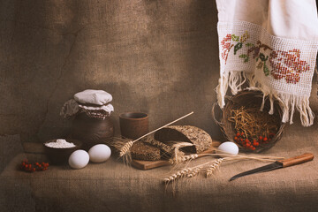 Ukrainian ethnic still life with brown bread