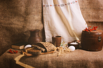 Ukrainian ethnic still life with brown bread