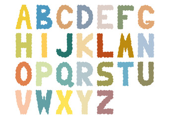 Multicolored English alphabet with wavy outlines of letters in doodle style.	