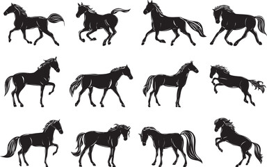 silhouette running horses set on white background isolated, vector