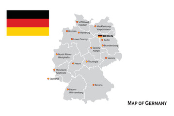 Map of Germany. Vector Flag and map - Germany. Germany Map with constituent states and capital Berlin. Names of states (german - lands) in German