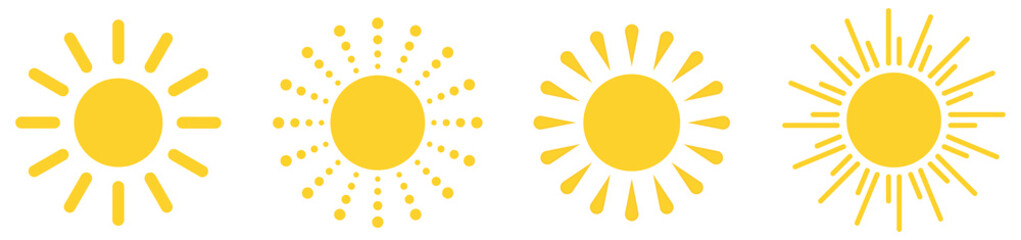 Yellow sun icons set. Sun different symbols. Vector illustration