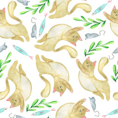 Seamless pattern with cute cats, plants, mice and fish. Hand drawn watercolor illustration. - 519570158