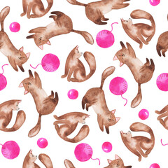 Seamless pattern with cute cats and pink balls. Hand drawn watercolor illustration. - 519570159