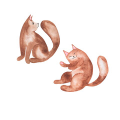 Dark brown cats set. Hand drawn watercolor illustration. - 519570161