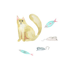 Cute beige cat with toys mice and fish. Hand drawn watercolor illustration. - 519570163