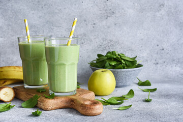 Green vegan smoothie. Smoothie with apple, banana and avocado. Detox menu