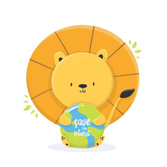Cartoon illustration of an leon with earth in support of ecology. save the planet