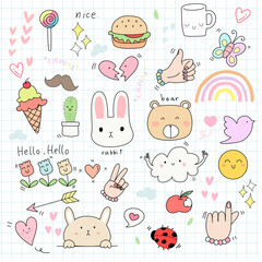 Hand draw Kawaii set fashion patch badges for sticker , postcard , invitation . vector illustration for kids