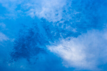 A drawn blue sky with fluffy soft white clouds of natural weather wind background