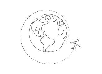 One continuous line drawing of Earth globe with airplane and dach path. Flight route on world map in simple linear style. Travel and airline symbol concept. Editable stroke. Doodle vector illustration