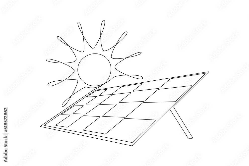 Poster one continuous line drawing of solar panel with sun. green clean energy and renewable resources in s
